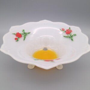 Rare Vintage Indiana Glass Red Tulip Decoration 3 Toed Bowl While Milk Glass
